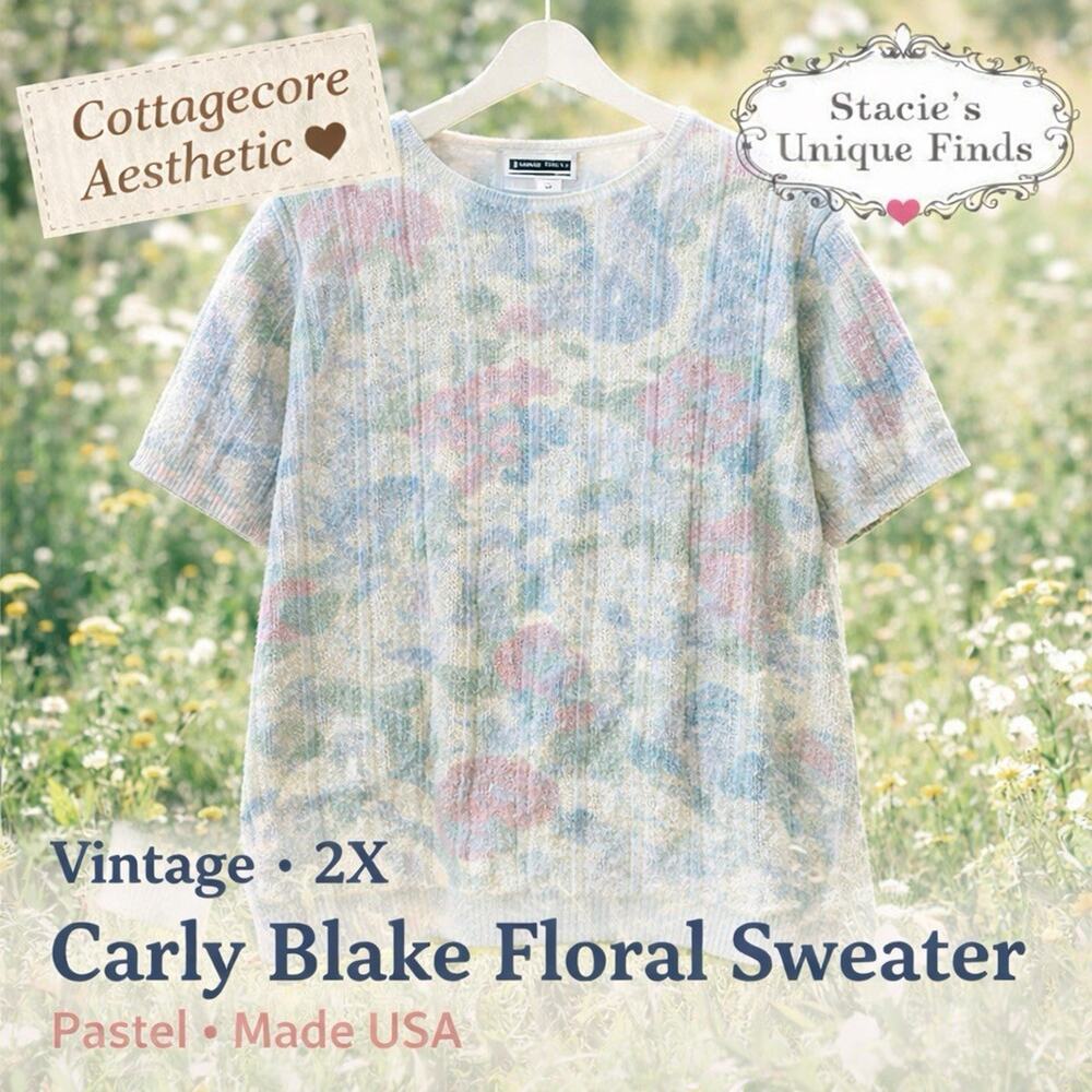 Vintage Carly Blake Sweater 2X Floral Pastel Cottagecore Made USA